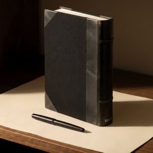 Ledger Book, Half-Bound — A thick half-bound ledger book with a rounded backed spine, cloth boards and leather-grain corners, standing on a shelf beside a closed pen.