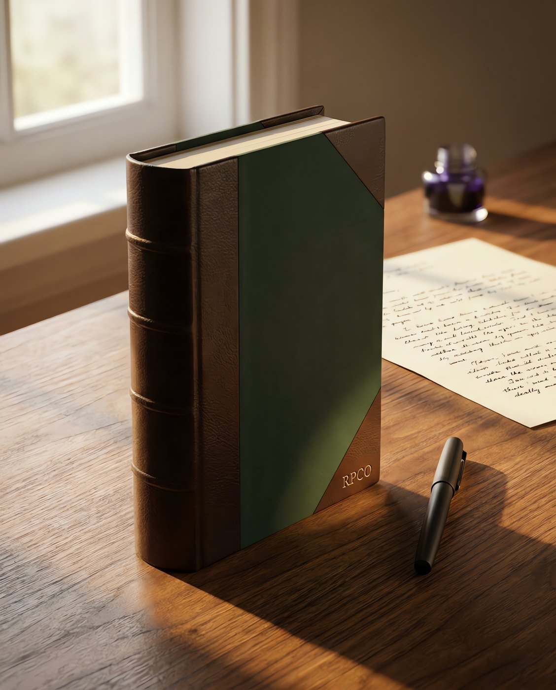 Ledger Book, Half-Bound — A thick half-bound ledger book with a rounded backed spine, cloth boards and leather-grain corners, standing on a shelf beside a closed pen in use on a desk.