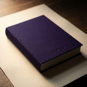 Ledger Book, Cloth — A thick cloth-cased ledger book in deep violet cloth lying closed on a desk with a blind debossed mark on the front board.