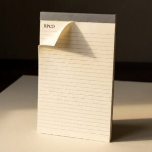 Register Pad, A4 — An A4 writing pad of cream ruled laid paper gummed at the head on a grey board backing, with the top sheet half torn away.