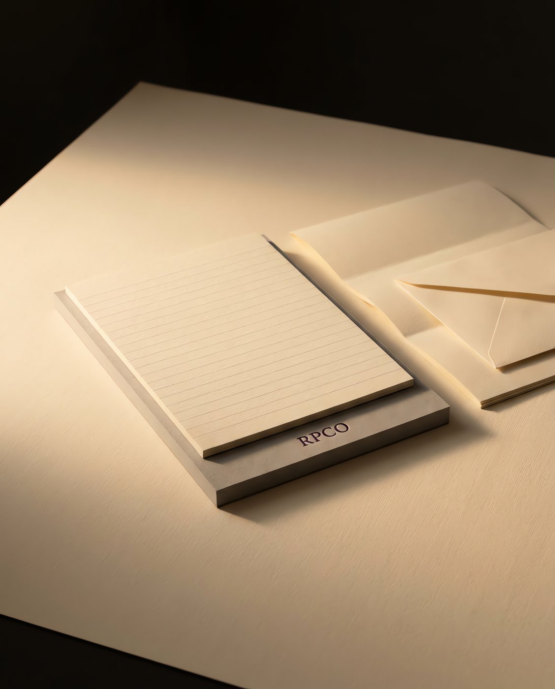 Register Pad, A5 — A small A5 writing pad of cream ruled laid paper on a grey board backing, lying beside a folded sheet and an envelope.