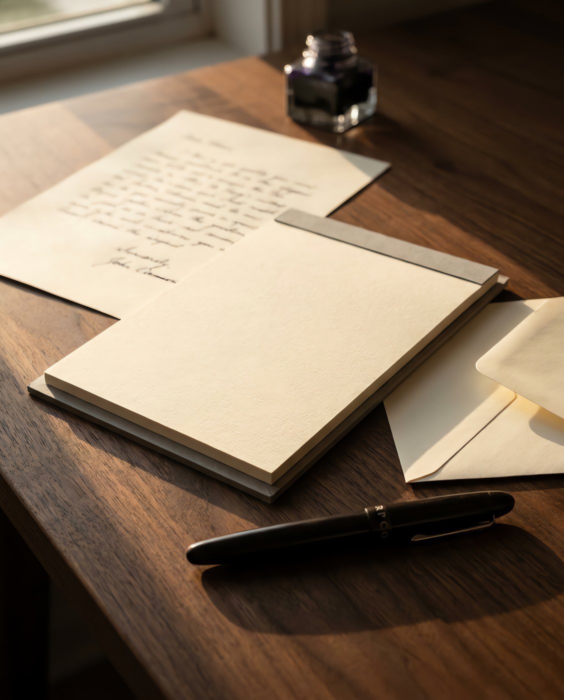 Register Pad, A5 — A small A5 writing pad of cream ruled laid paper on a grey board backing, lying beside a folded sheet and an envelope in use on a desk.