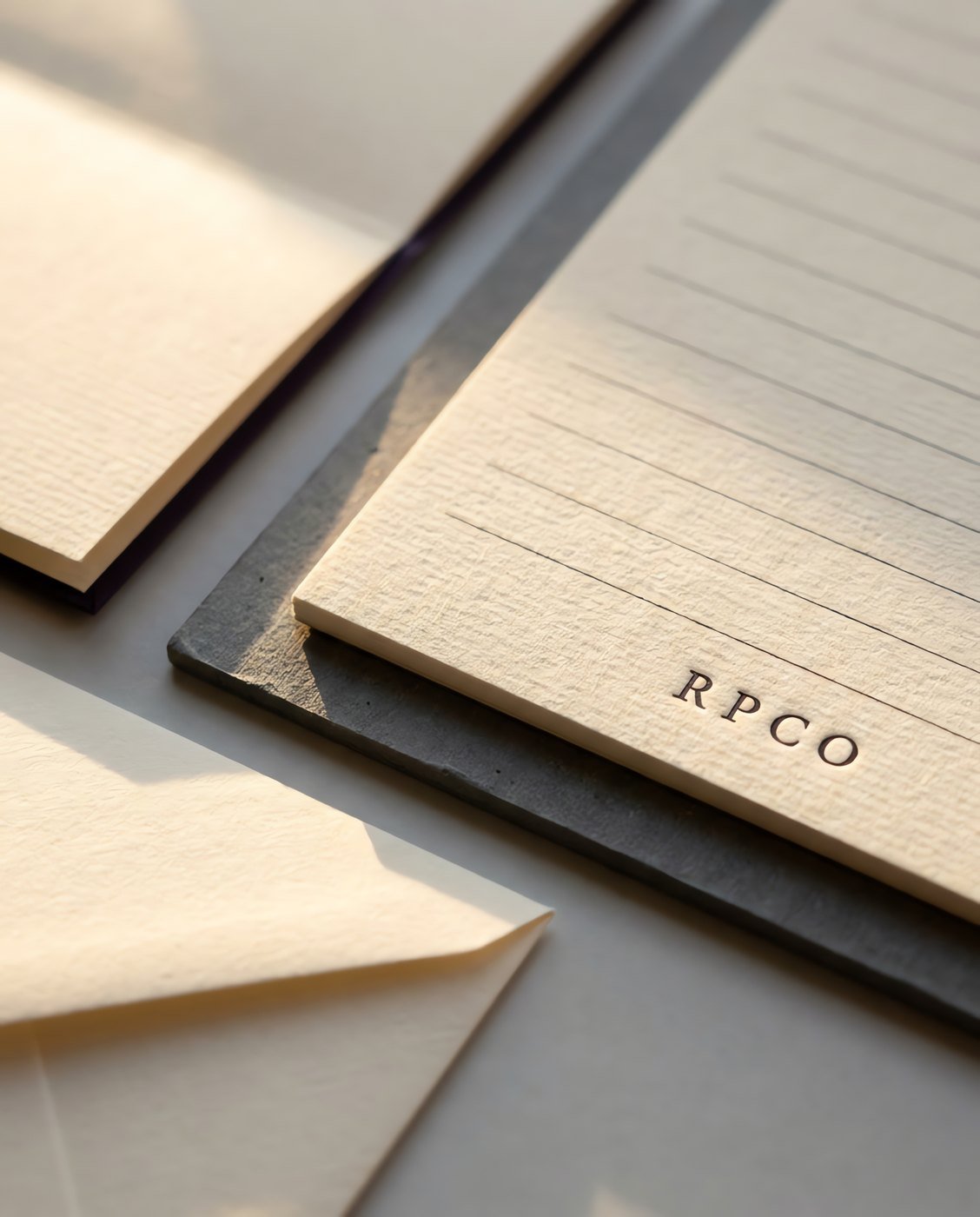 Register Pad, A5 — A small A5 writing pad of cream ruled laid paper on a grey board backing, lying beside a folded sheet and an envelope in close detail.