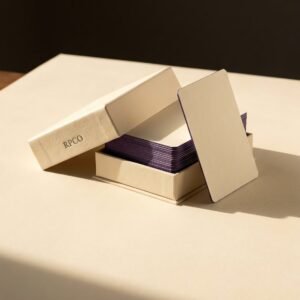 Correspondence Card Box, One Hundred — A lidded board box open to show a stack of thick cream cotton cards with violet painted bevelled edges, one card standing upright.
