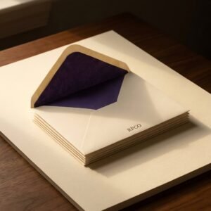 Lined Envelope Box, Fifty — A stack of cream laid envelopes with one flap lifted to show a violet tissue lining, on a wooden desk.