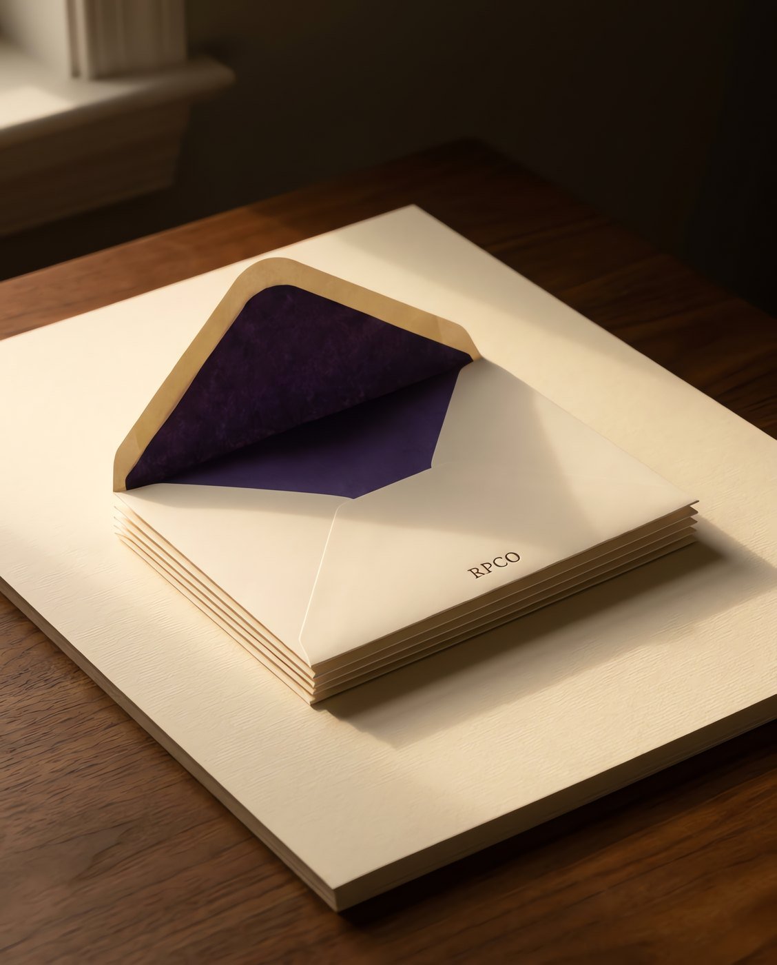 Lined Envelope Box, Fifty — A stack of cream laid envelopes with one flap lifted to show a violet tissue lining, on a wooden desk.