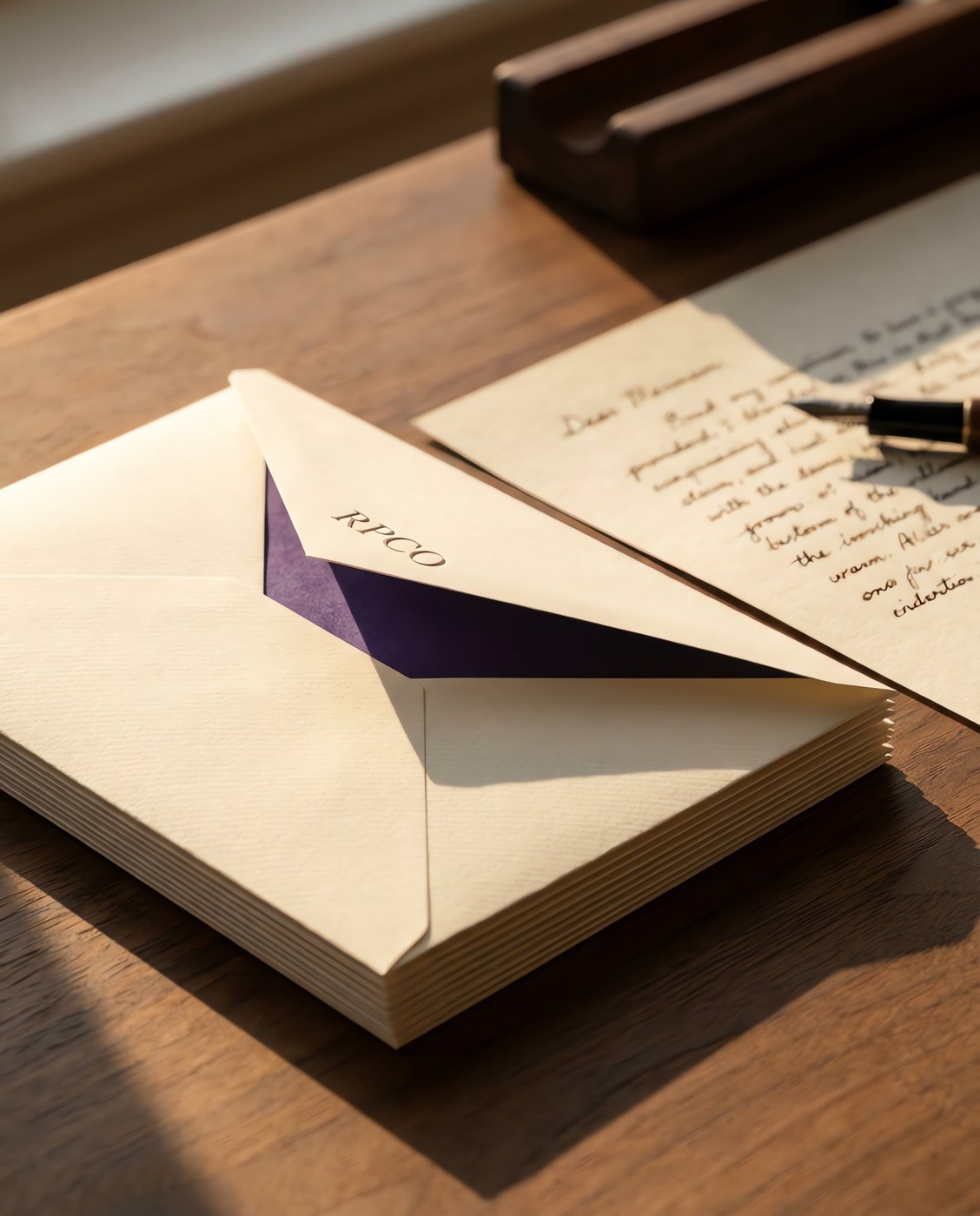 Lined Envelope Box, Fifty — A stack of cream laid envelopes with one flap lifted to show a violet tissue lining, on a wooden desk in use on a desk.