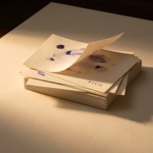 Blotting Sheet Pack, Twenty — A loose stack of plain cream blotting sheets with faint violet ink stains, one curved as if just lifted from a blotter.