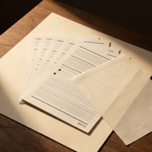 Guide Sheet Set — Six printed black-lined guide sheets fanned out, one lying under a sheet of cream paper with the lines faintly visible through it.
