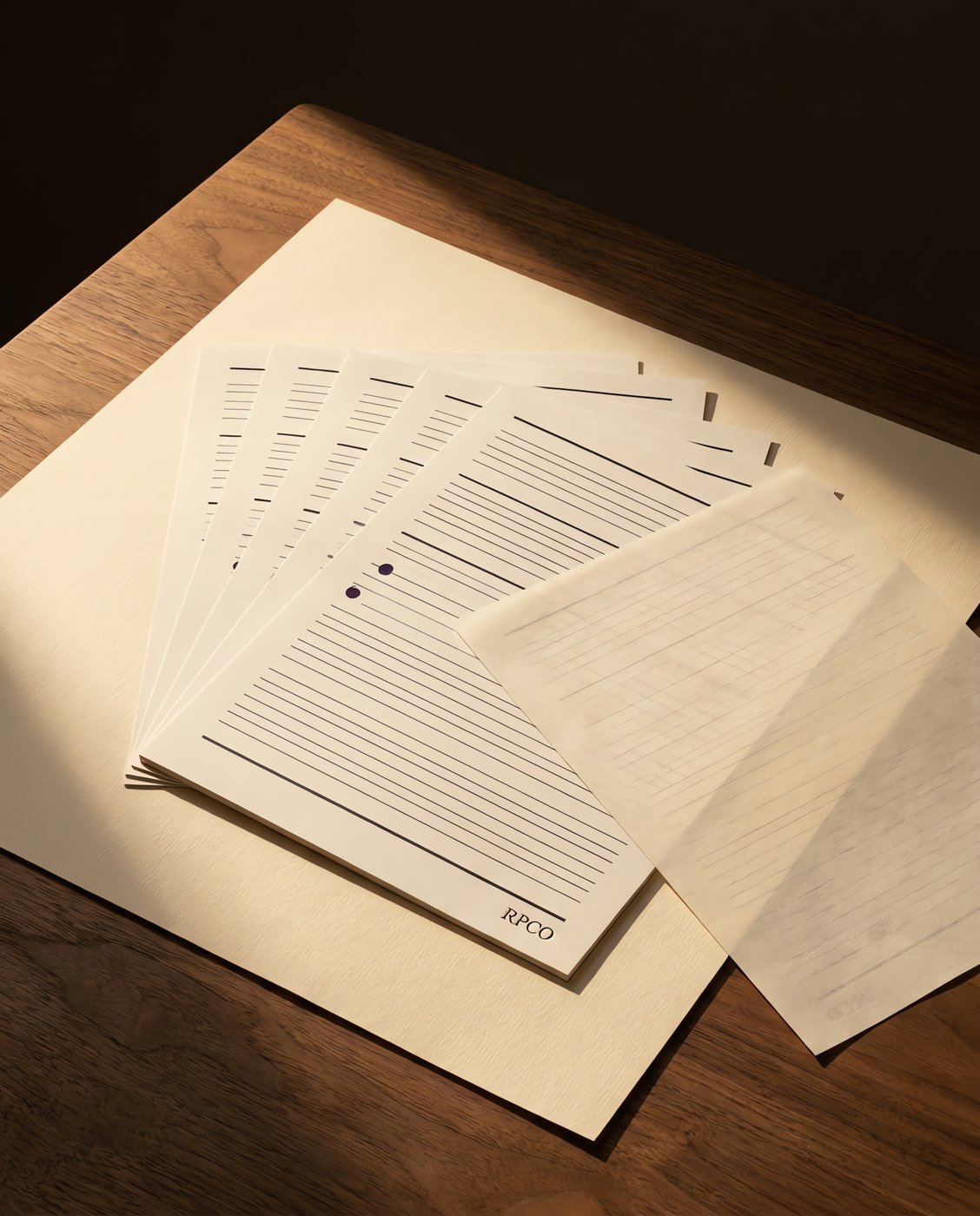 Guide Sheet Set — Six printed black-lined guide sheets fanned out, one lying under a sheet of cream paper with the lines faintly visible through it.