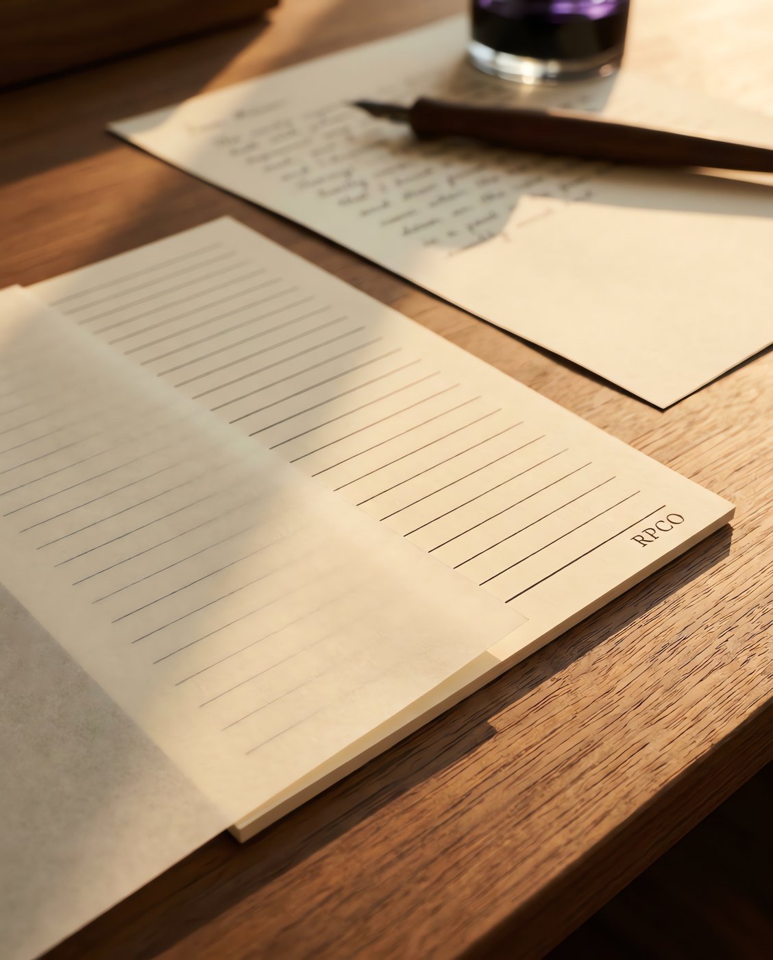 Guide Sheet Set — Six printed black-lined guide sheets fanned out, one lying under a sheet of cream paper with the lines faintly visible through it in use on a desk.