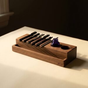 Walnut Bench Organiser — A long solid walnut desk organiser block milled with seven angled pen slots, two round ink bottle wells and a card trough, holding several pens.