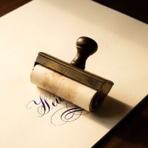 Brass Rocker Blotter — A heavy curved brass rocker blotter with a turned handle, holding a stained cream blotting sheet, rolling across a freshly written page.