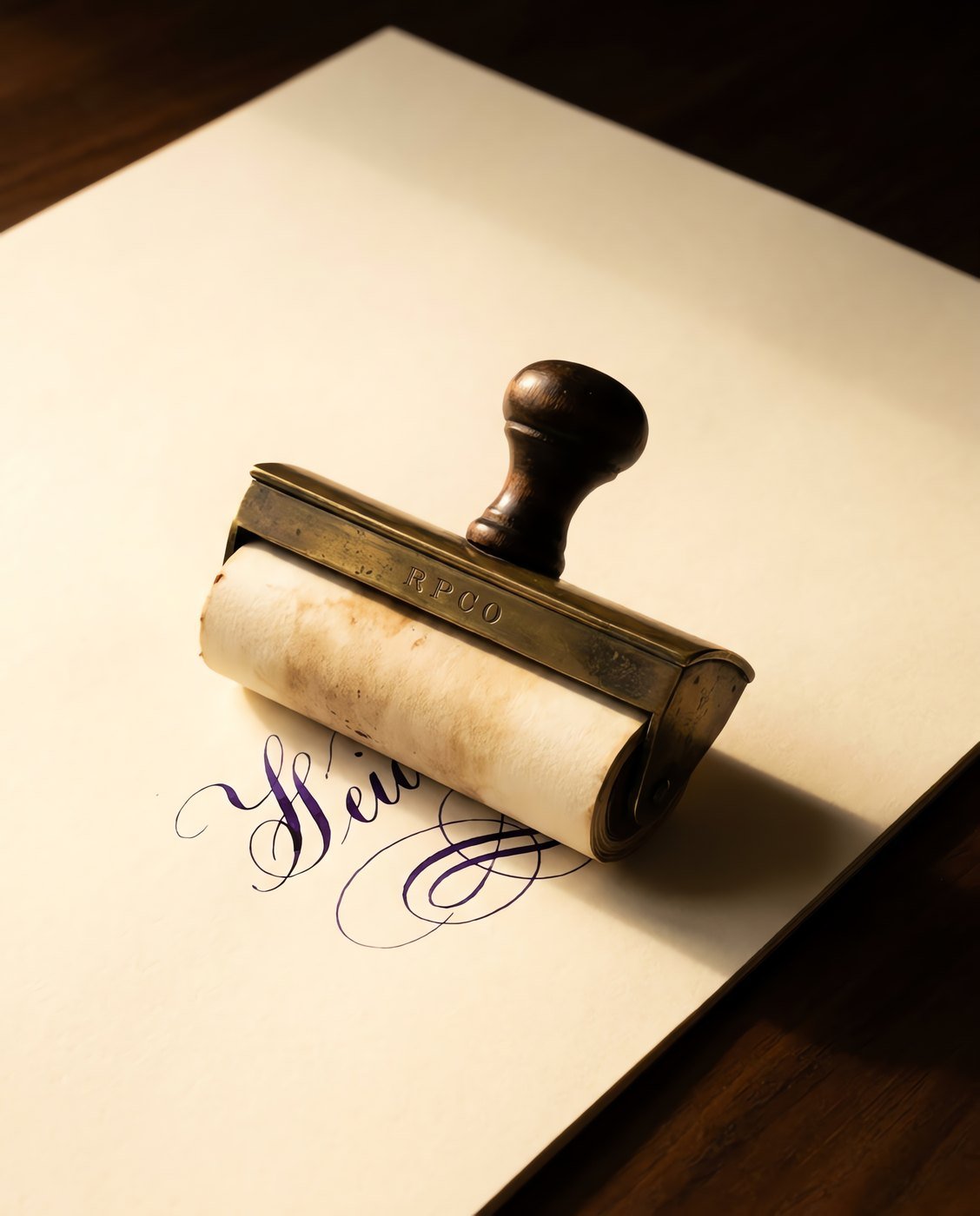 Brass Rocker Blotter — A heavy curved brass rocker blotter with a turned handle, holding a stained cream blotting sheet, rolling across a freshly written page.