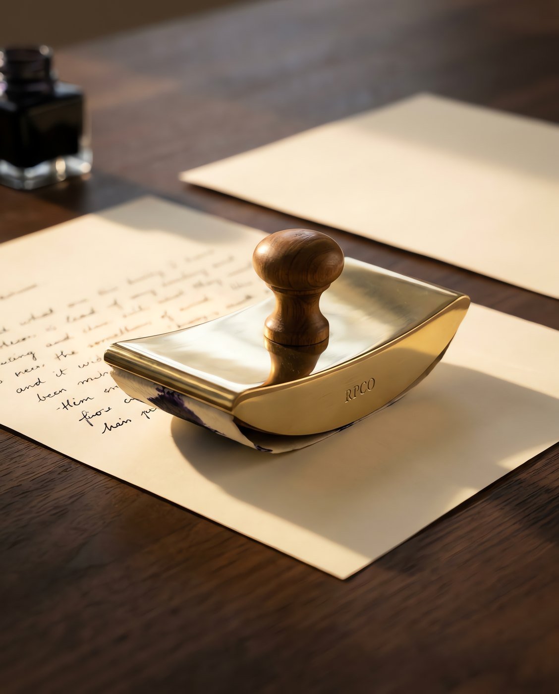 Brass Rocker Blotter — A heavy curved brass rocker blotter with a turned handle, holding a stained cream blotting sheet, rolling across a freshly written page in use on a desk.