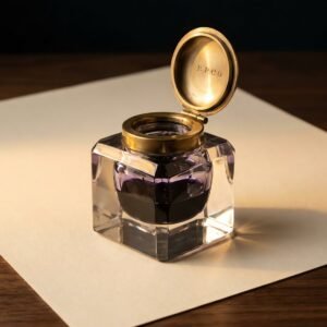 Cut-Glass Inkwell, Brass Collar — A heavy faceted cut glass inkwell with a hinged brass collar and lid standing open on a walnut desk, dark violet ink inside.