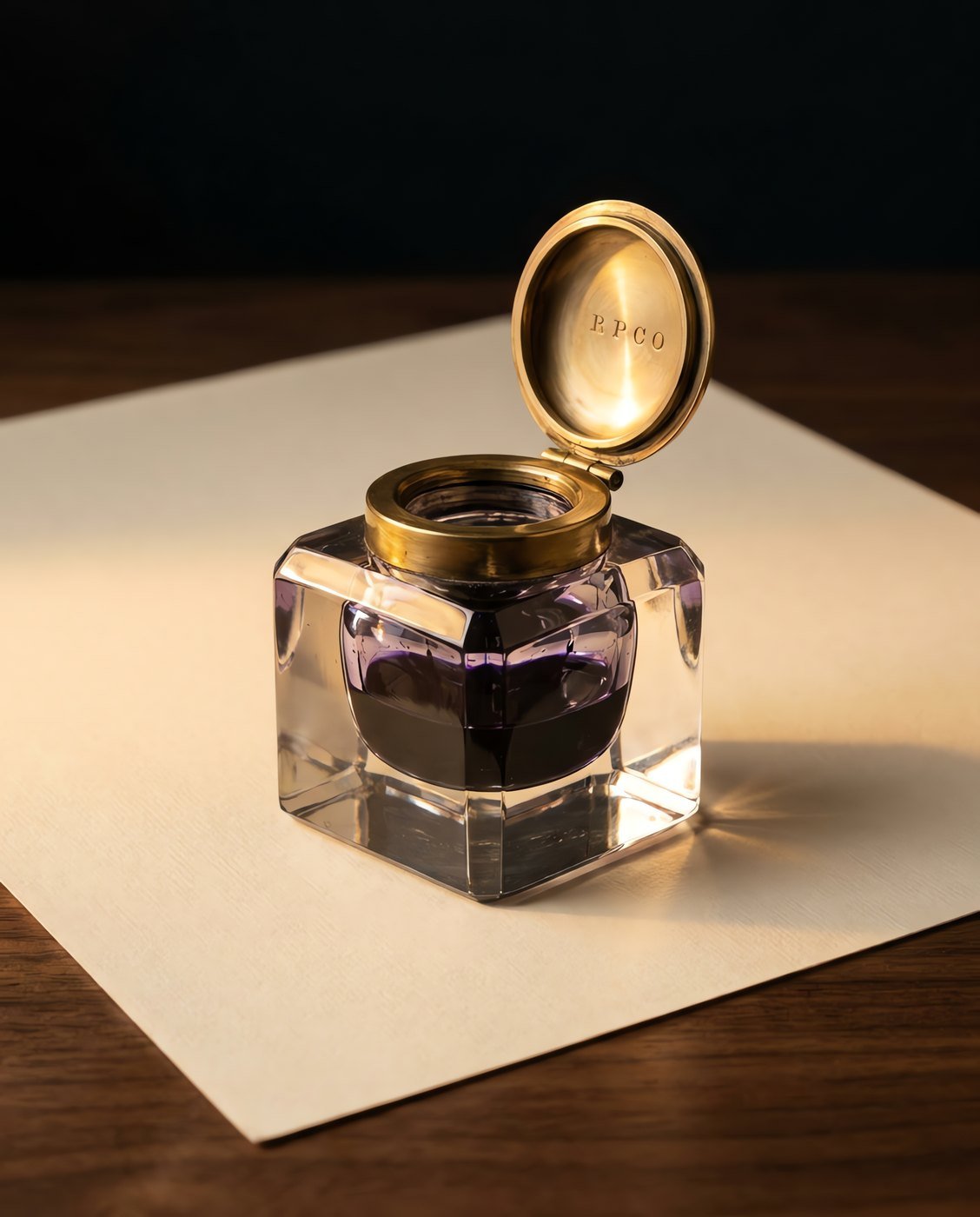 Cut-Glass Inkwell, Brass Collar — A heavy faceted cut glass inkwell with a hinged brass collar and lid standing open on a walnut desk, dark violet ink inside.