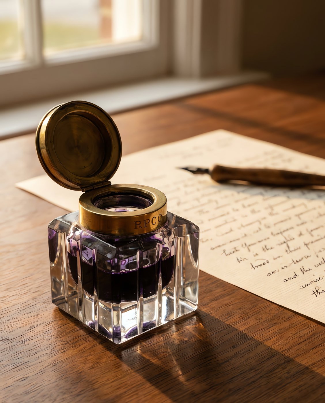Cut-Glass Inkwell, Brass Collar — A heavy faceted cut glass inkwell with a hinged brass collar and lid standing open on a walnut desk, dark violet ink inside in use on a desk.