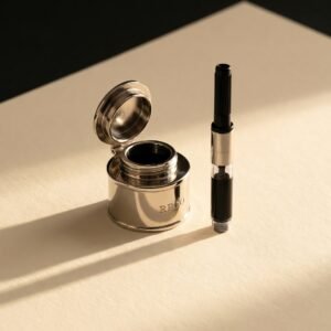 Travelling Inkwell, Nickel — A small cylindrical nickel plated metal inkwell with a bayonet lid, standing open beside a pen converter drawing ink from it.