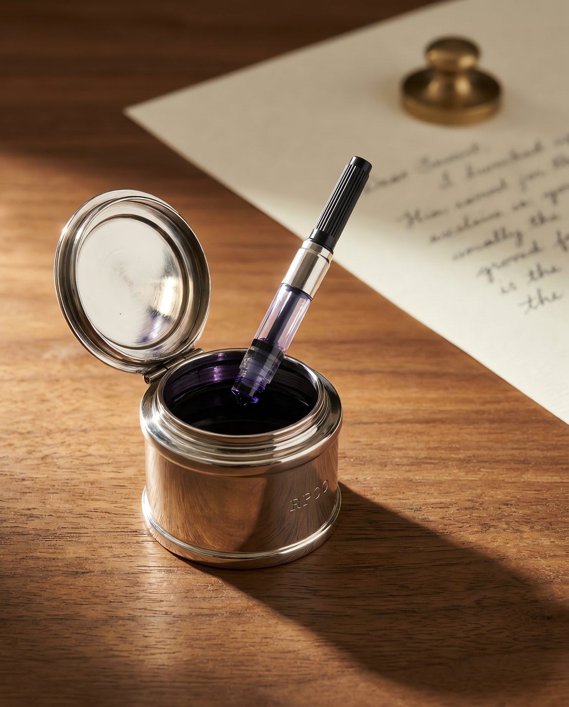 Travelling Inkwell, Nickel — A small cylindrical nickel plated metal inkwell with a bayonet lid, standing open beside a pen converter drawing ink from it in use on a desk.