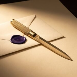 Letter Opener, Brass — A solid brass letter opener with a knurled grip and a polished blade lying across a partly opened cream envelope.