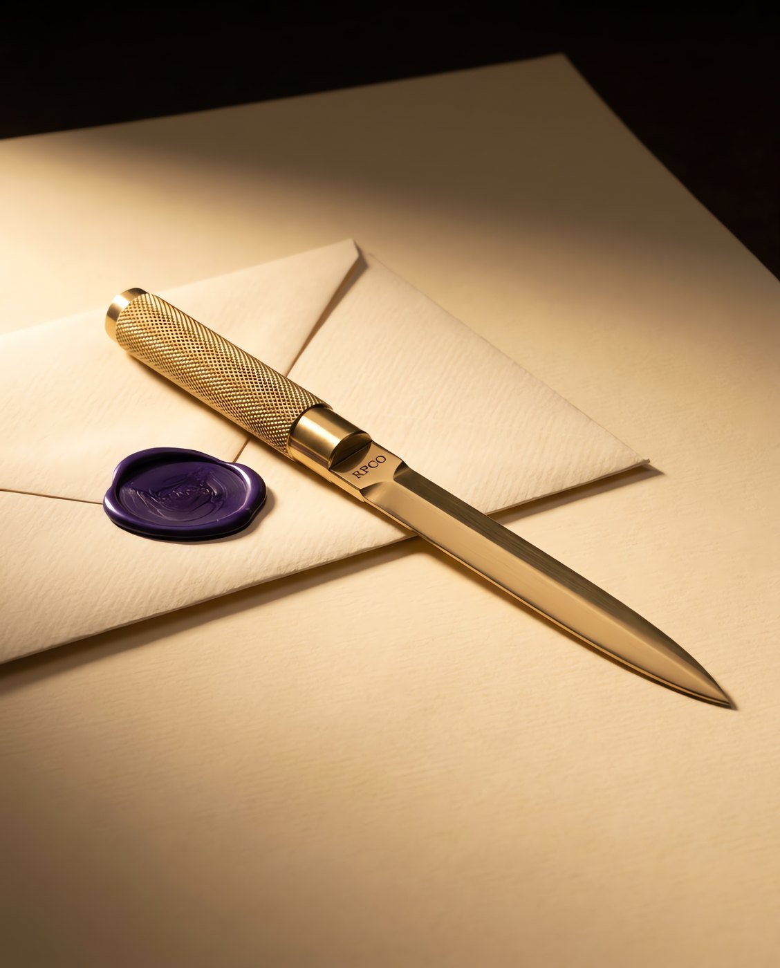Letter Opener, Brass — A solid brass letter opener with a knurled grip and a polished blade lying across a partly opened cream envelope.