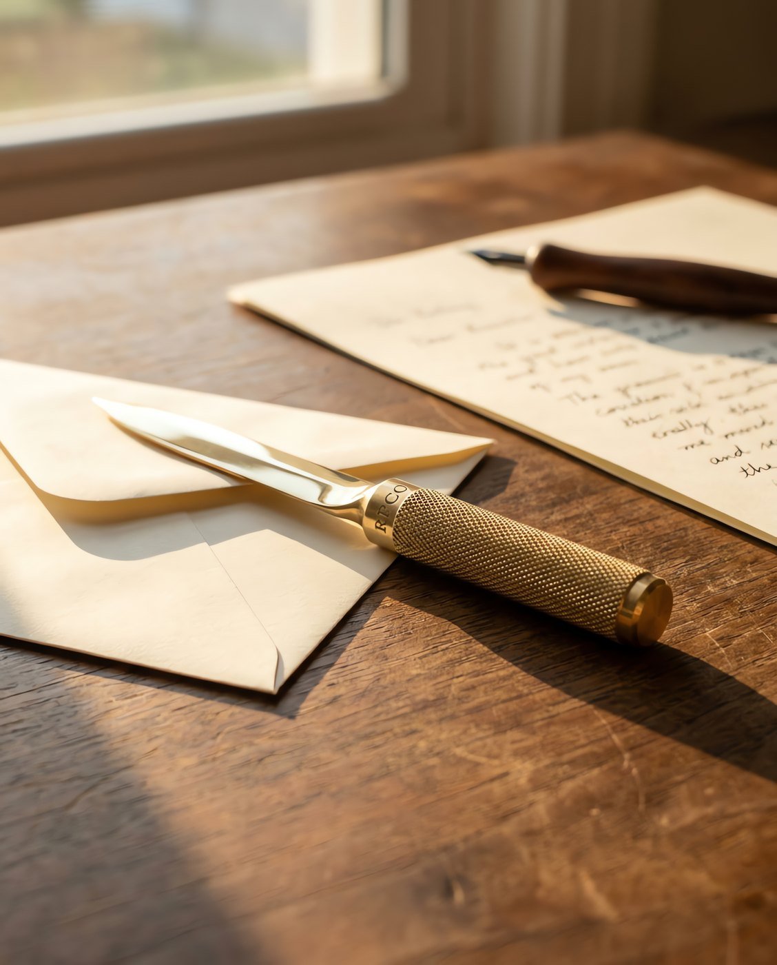 Letter Opener, Brass — A solid brass letter opener with a knurled grip and a polished blade lying across a partly opened cream envelope in use on a desk.