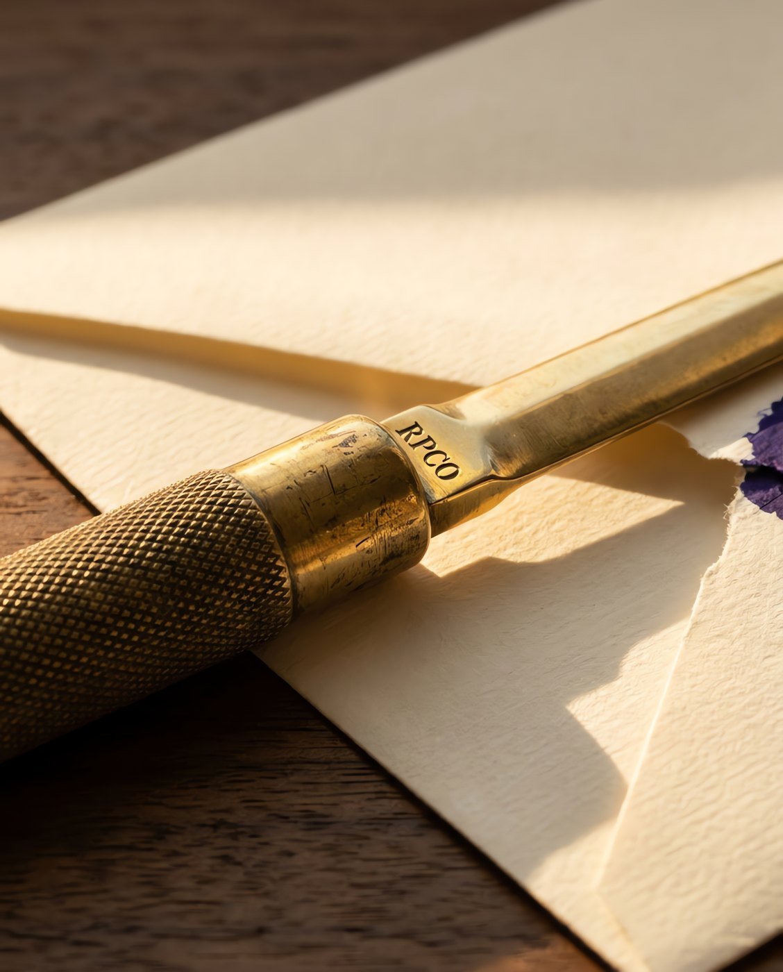 Letter Opener, Brass — A solid brass letter opener with a knurled grip and a polished blade lying across a partly opened cream envelope in close detail.