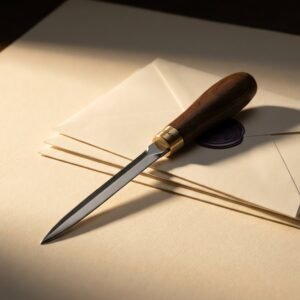 Letter Opener, Walnut and Steel — A slim letter opener with a hardened steel blade and a turned walnut handle with a brass ferrule, resting on a stack of unopened letters.
