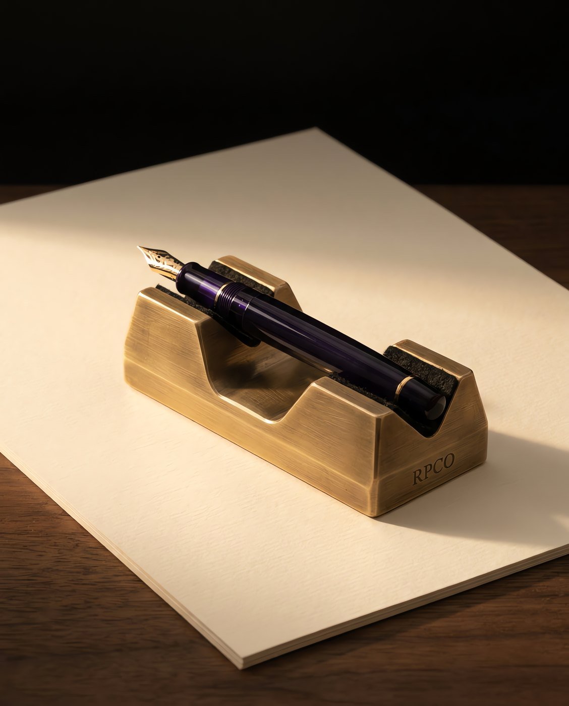 Pen Rest, Machined Brass — A small heavy machined brass pen cradle with two felt-lined vee saddles holding a fountain pen nib-up on a walnut desk.