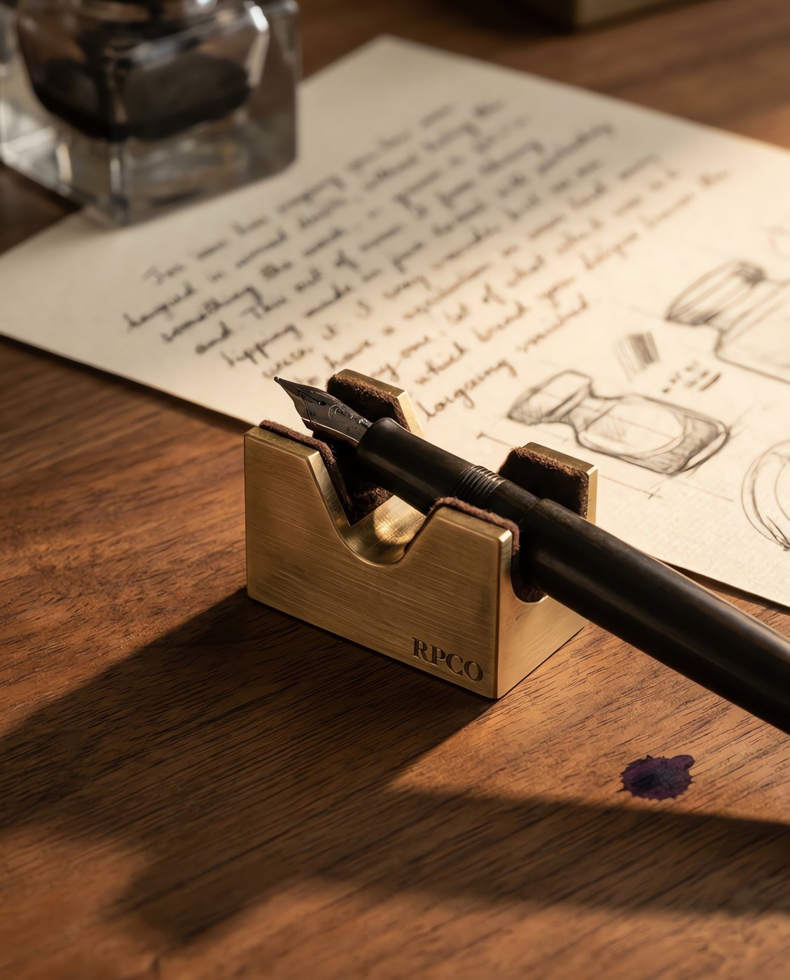Pen Rest, Machined Brass — A small heavy machined brass pen cradle with two felt-lined vee saddles holding a fountain pen nib-up on a walnut desk in use on a desk.