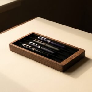 Pen Tray, Walnut — A shallow oiled walnut tray with four felt-lined channels holding four different fountain pens, thumb reliefs cut into the ends.