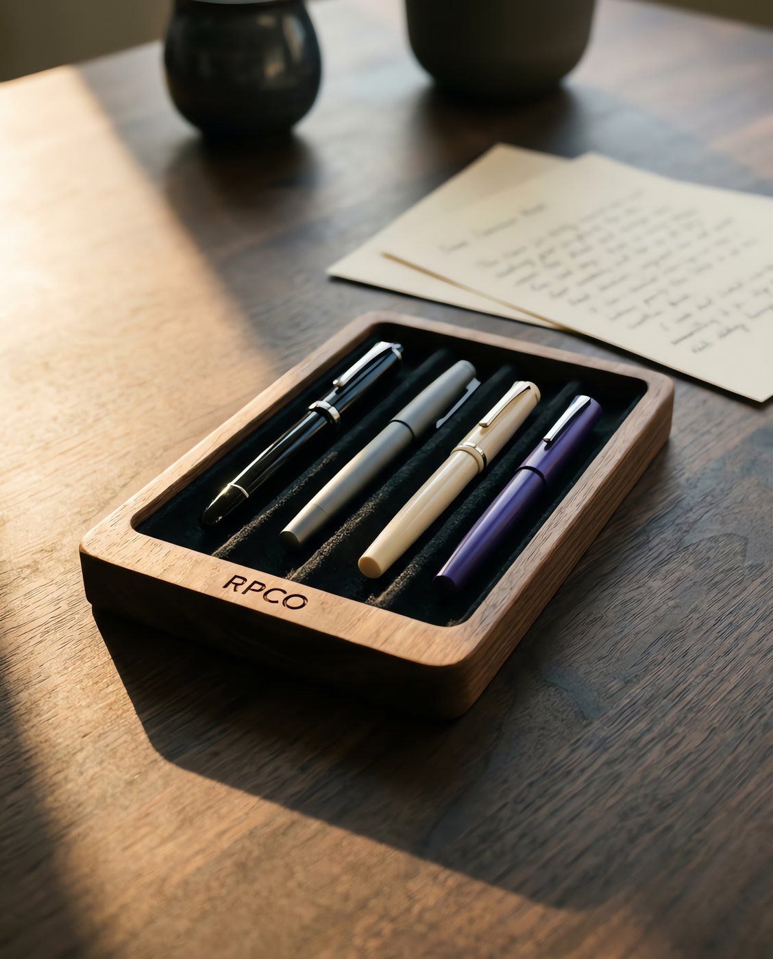Pen Tray, Walnut — A shallow oiled walnut tray with four felt-lined channels holding four different fountain pens, thumb reliefs cut into the ends in use on a desk.