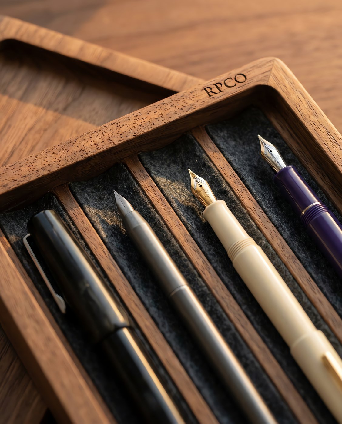 Pen Tray, Walnut — A shallow oiled walnut tray with four felt-lined channels holding four different fountain pens, thumb reliefs cut into the ends in close detail.