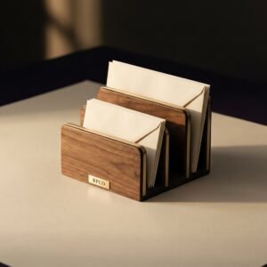 Letter Rack, Three Division — A walnut and brass three-division letter rack with rising dividers, holding cream envelopes at three different heights.