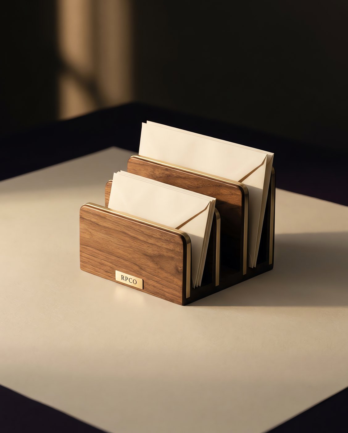 Letter Rack, Three Division — A walnut and brass three-division letter rack with rising dividers, holding cream envelopes at three different heights.