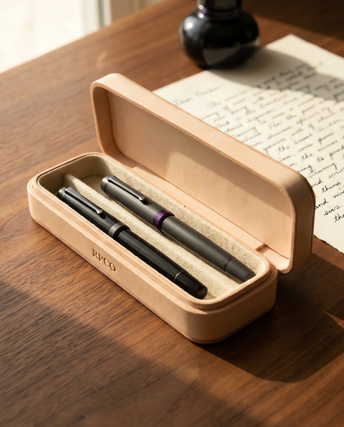 Pen Case, Two Pen — A hard-sided two pen case in pale undyed leather lying open to show two fountain pens separated by a felt-lined divider in use on a desk.