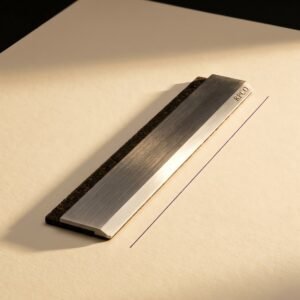 Steel Straightedge, 300 mm — A heavy stainless steel straightedge with a bevelled ruling lip and a cork backing lying on cream paper beside a freshly ruled violet line.