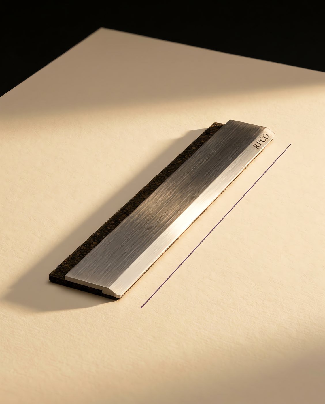 Steel Straightedge, 300 mm — A heavy stainless steel straightedge with a bevelled ruling lip and a cork backing lying on cream paper beside a freshly ruled violet line.