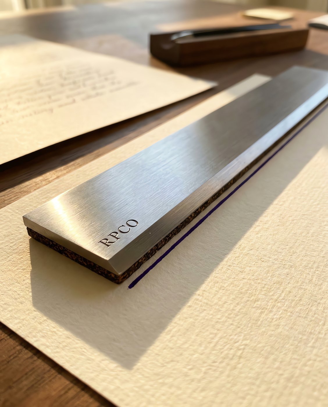 Steel Straightedge, 300 mm — A heavy stainless steel straightedge with a bevelled ruling lip and a cork backing lying on cream paper beside a freshly ruled violet line in use on a desk.