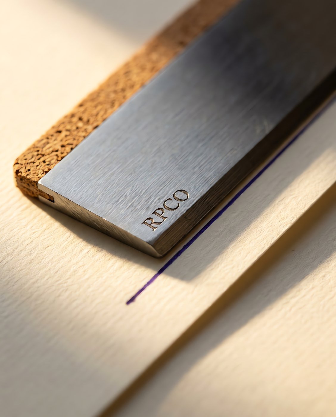 Steel Straightedge, 300 mm — A heavy stainless steel straightedge with a bevelled ruling lip and a cork backing lying on cream paper beside a freshly ruled violet line in close detail.
