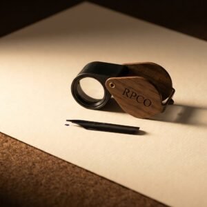Bench Loupe, 10x — A small blackened brass jeweller's loupe with a folding walnut guard, held open above a fountain pen nib on a felt surface.