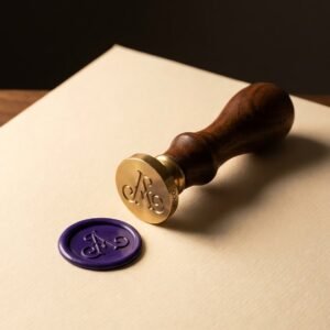 Wax Seal, Monogram Brass — A brass wax seal matrix engraved with a single ornate capital letter, on a turned walnut handle, resting beside a pressed violet wax impression.
