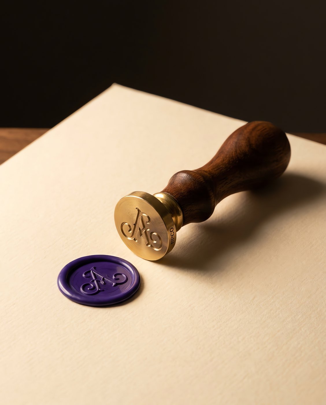Wax Seal, Monogram Brass — A brass wax seal matrix engraved with a single ornate capital letter, on a turned walnut handle, resting beside a pressed violet wax impression.