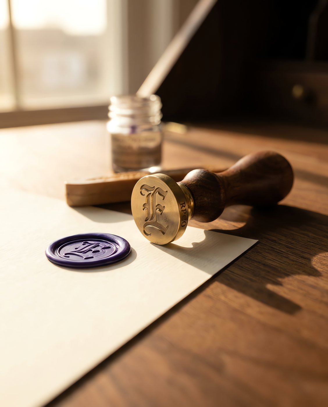 Wax Seal, Monogram Brass — A brass wax seal matrix engraved with a single ornate capital letter, on a turned walnut handle, resting beside a pressed violet wax impression in use on a desk.