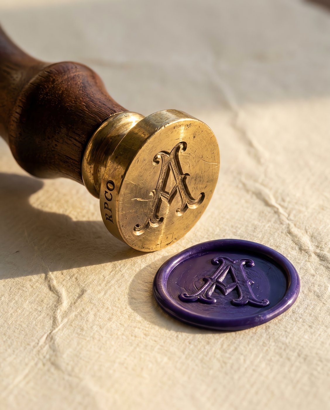 Wax Seal, Monogram Brass — A brass wax seal matrix engraved with a single ornate capital letter, on a turned walnut handle, resting beside a pressed violet wax impression in close detail.