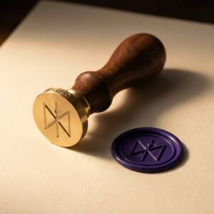 Wax Seal, House Mark — A brass wax seal matrix engraved with a simple geometric linear mark, on a turned walnut handle, beside a pressed wax impression showing deep shadow.