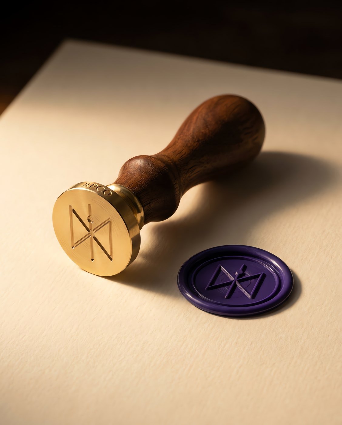 Wax Seal, House Mark — A brass wax seal matrix engraved with a simple geometric linear mark, on a turned walnut handle, beside a pressed wax impression showing deep shadow.