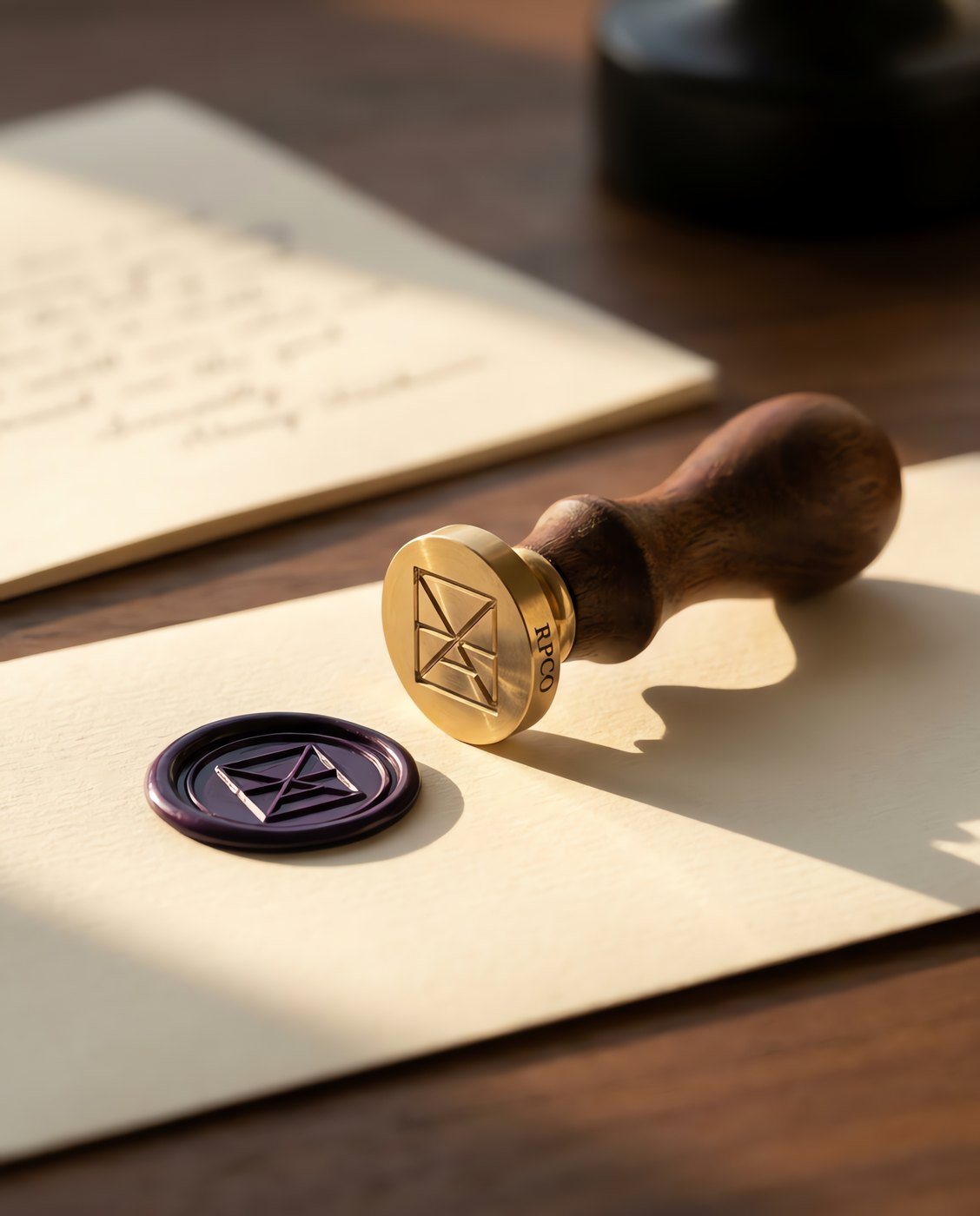 Wax Seal, House Mark — A brass wax seal matrix engraved with a simple geometric linear mark, on a turned walnut handle, beside a pressed wax impression showing deep shadow in use on a desk.