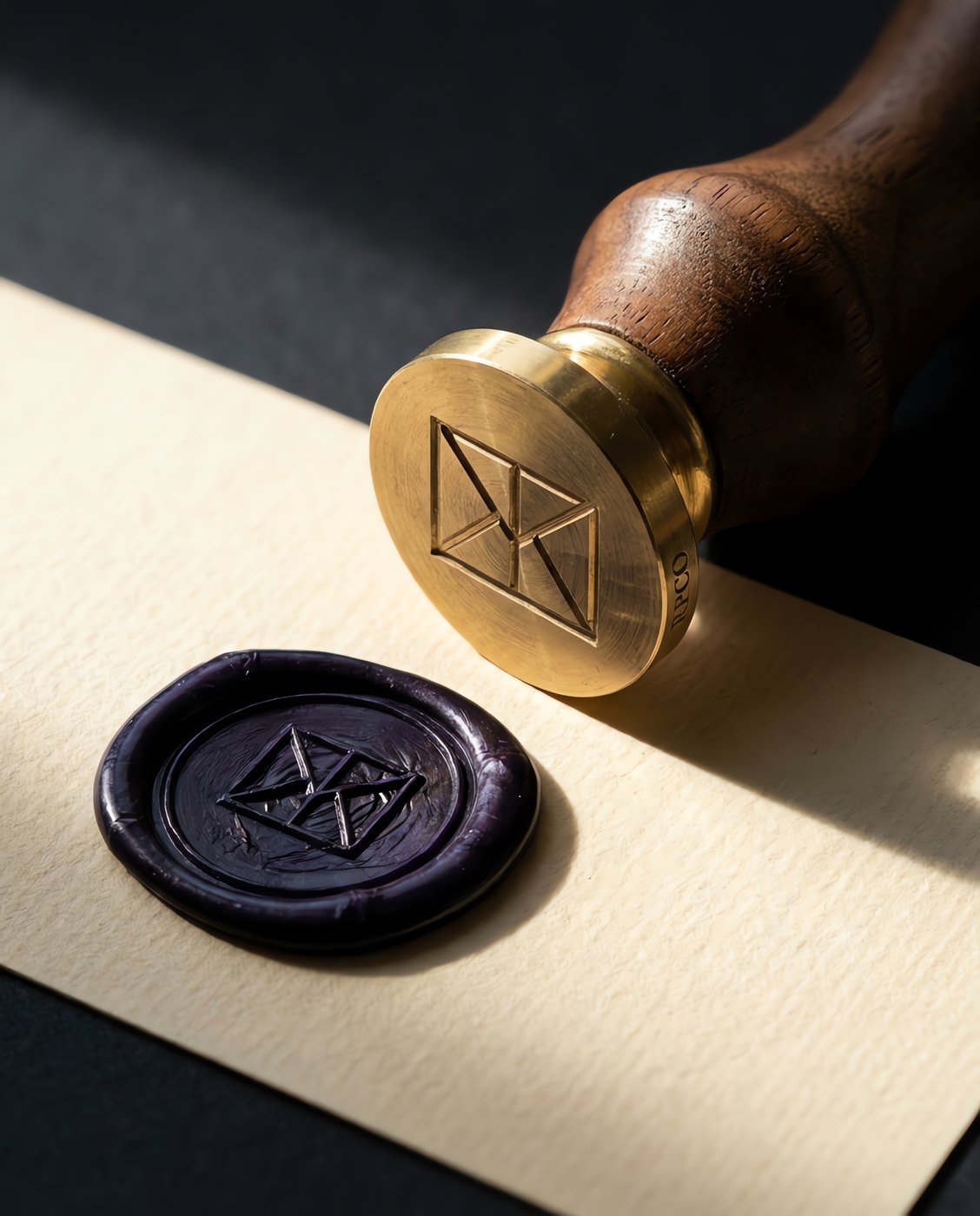 Wax Seal, House Mark — A brass wax seal matrix engraved with a simple geometric linear mark, on a turned walnut handle, beside a pressed wax impression showing deep shadow in close detail.